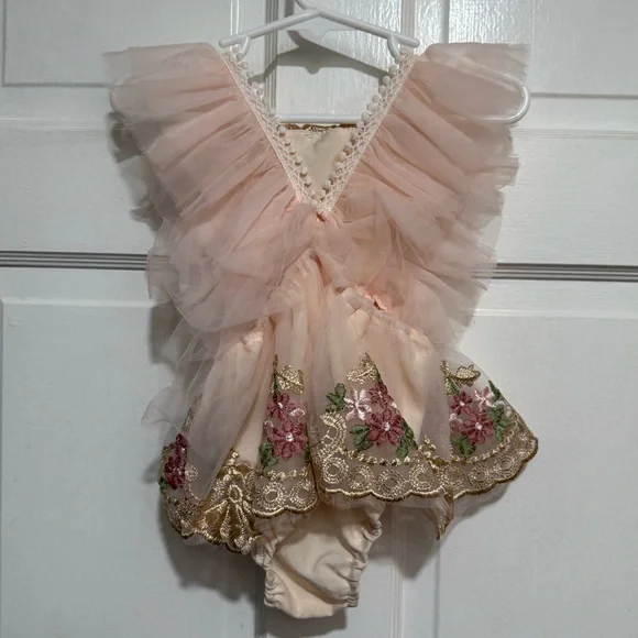 Embroidered Girls 12 Month Ballerina Outfit One Piece Floral Tulle - Picture 2 of 2